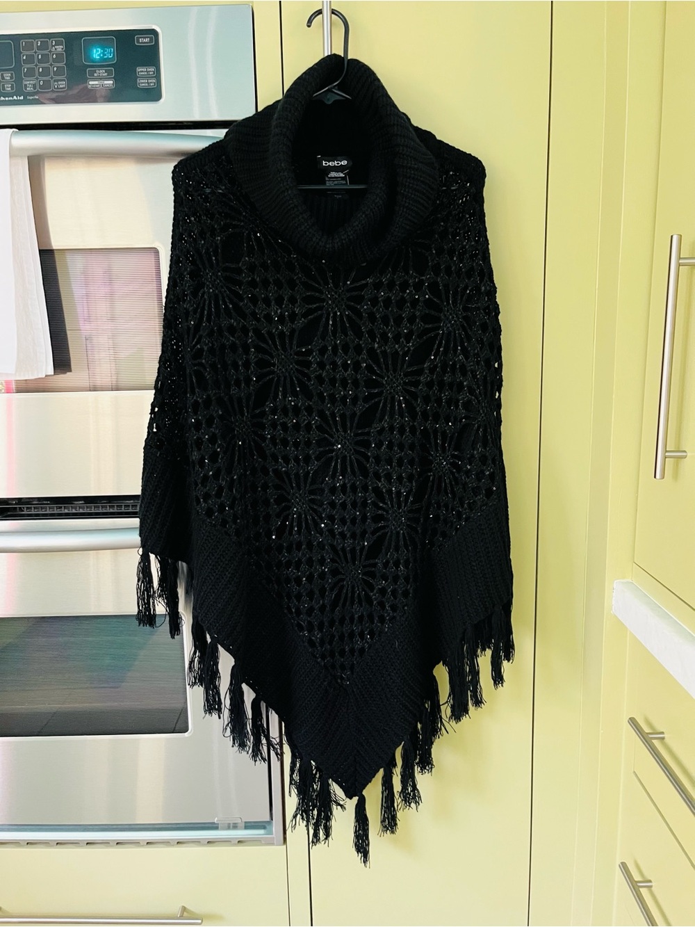 bebe Black Open-Knit Fringe Poncho with Cowl Neck Poncho